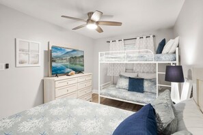 2 bedrooms, desk, iron/ironing board, travel crib