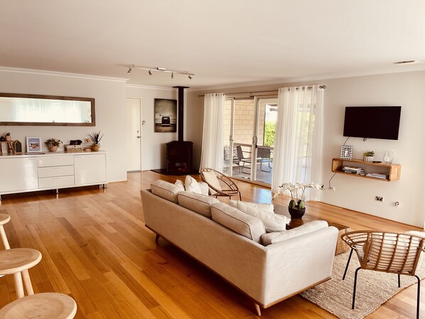 Smart TV, fireplace, DVD player, books