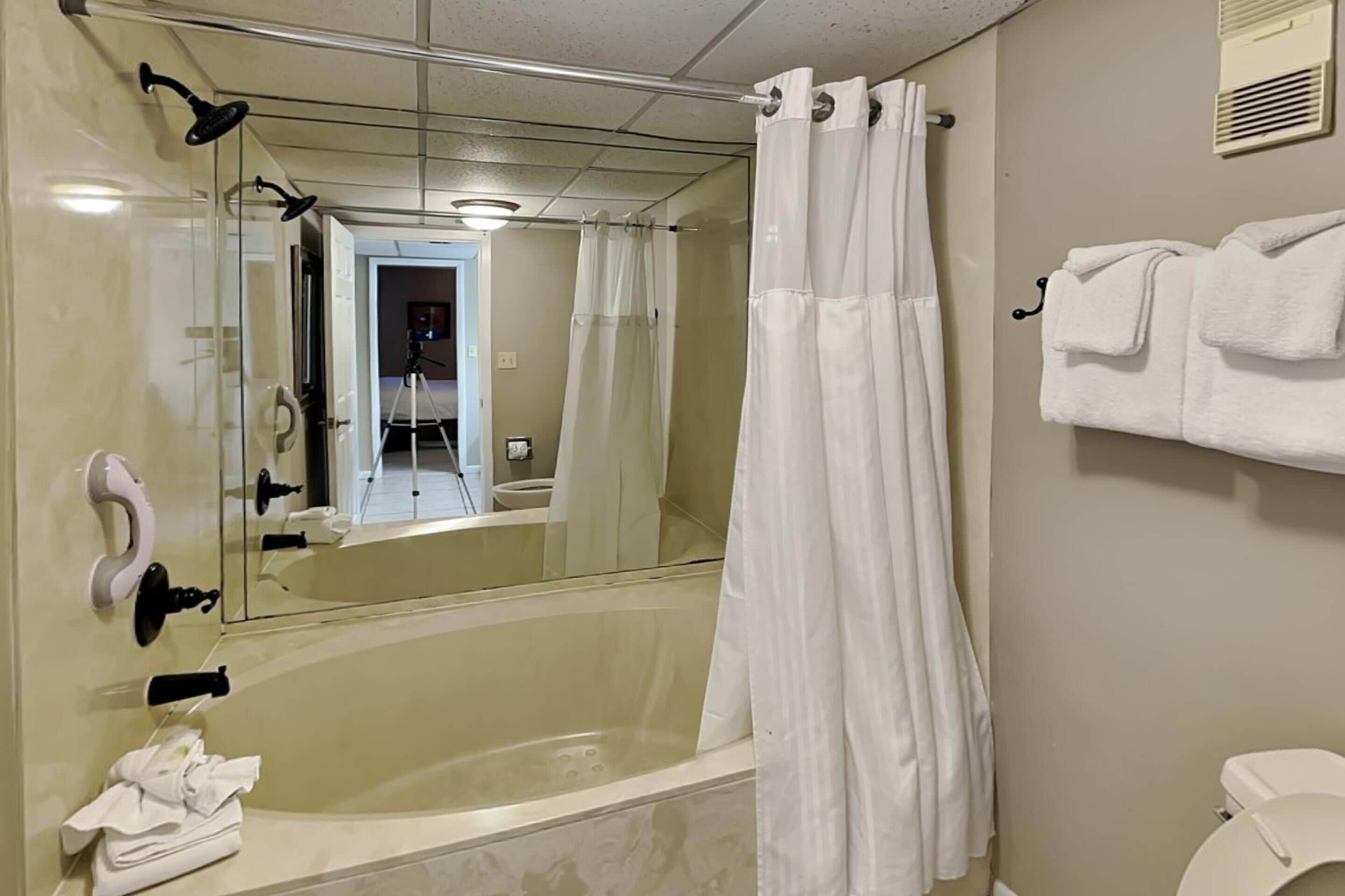 Une salle de bain avec une baignoire, une douche, des toilettes et un miroir.