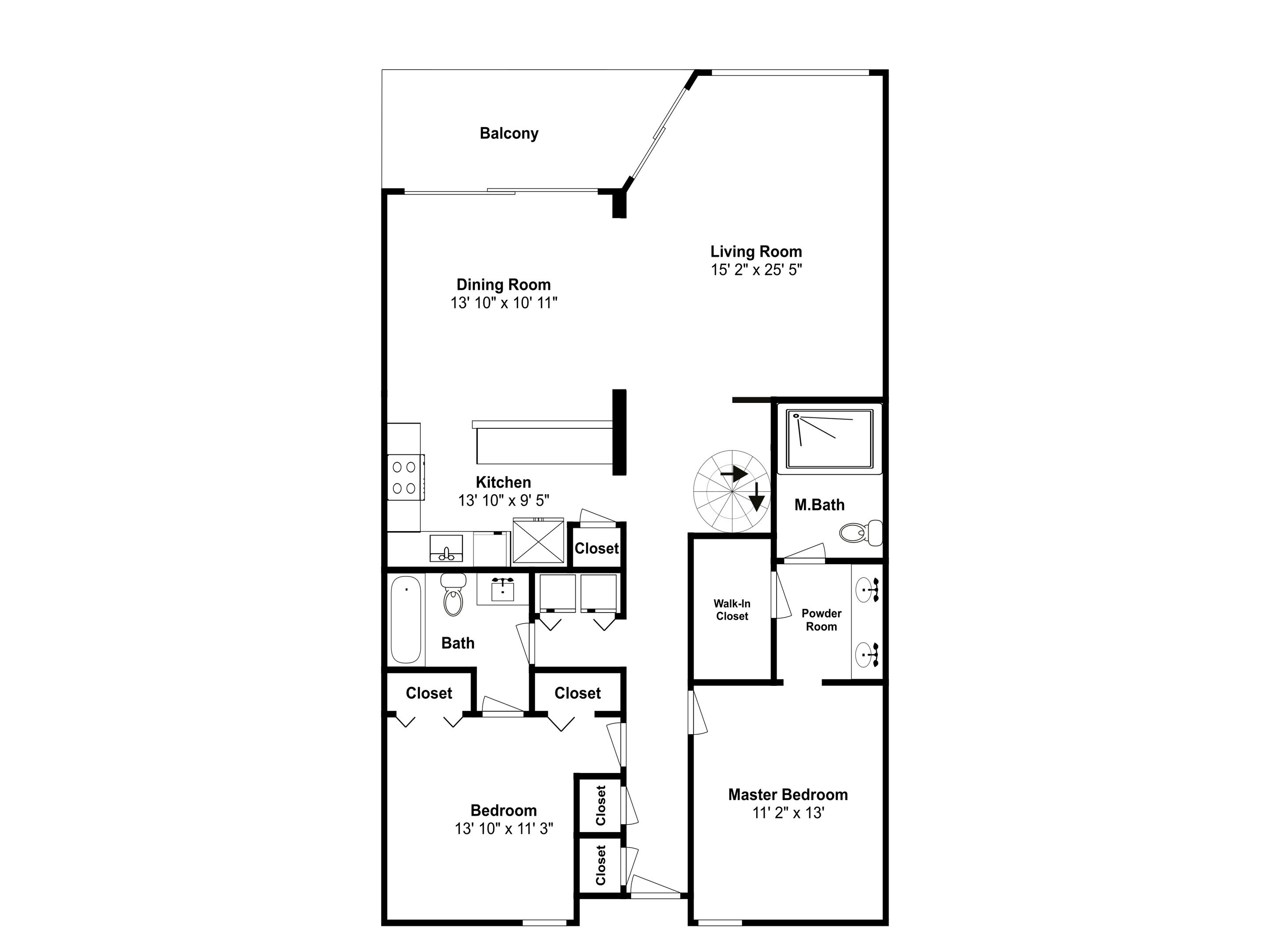 A floor plan of a hotel room with a balcony, dining room, kitchen, master bedroom, master bathroom, powder room, walk-in closet, and two standard bedrooms.