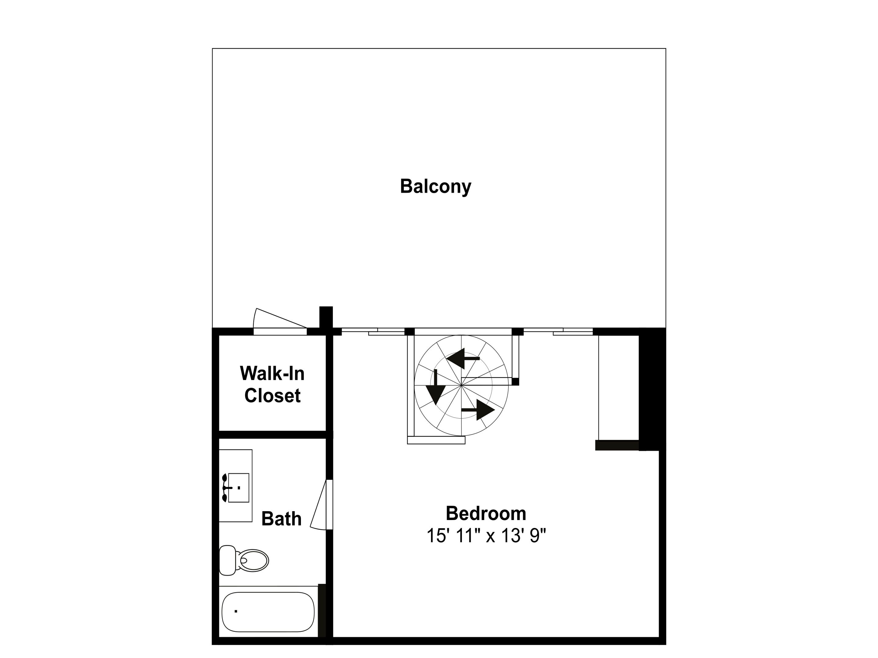 A floor plan of a hotel room with a balcony, walk-in closet, bathroom, and bedroom measuring 15' 11" x 13' 9".