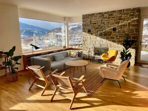 TV connectée, cheminée, livres