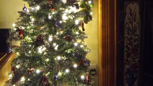 Un árbol de Navidad con luces y adornos, una estrella en la punta y una chimenea con repisa y un panel decorativo.
