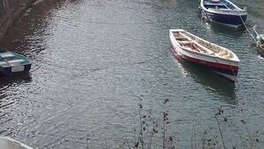 Un puerto con barcos amarrados, un muro de piedra y edificios en una colina.