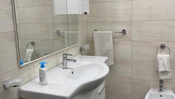 Habitación con 1 cama doble o 2 individuales | Baño | Ducha, artículos de higiene personal gratuitos y secador de pelo