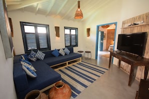Una sala de estar con un sofá azul, un televisor y un tapete estampado.