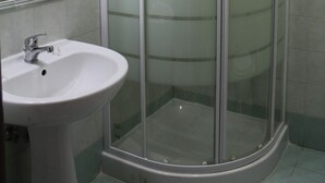 Un baño con ducha envuelta en vidrio, un lavabo y un espejo.