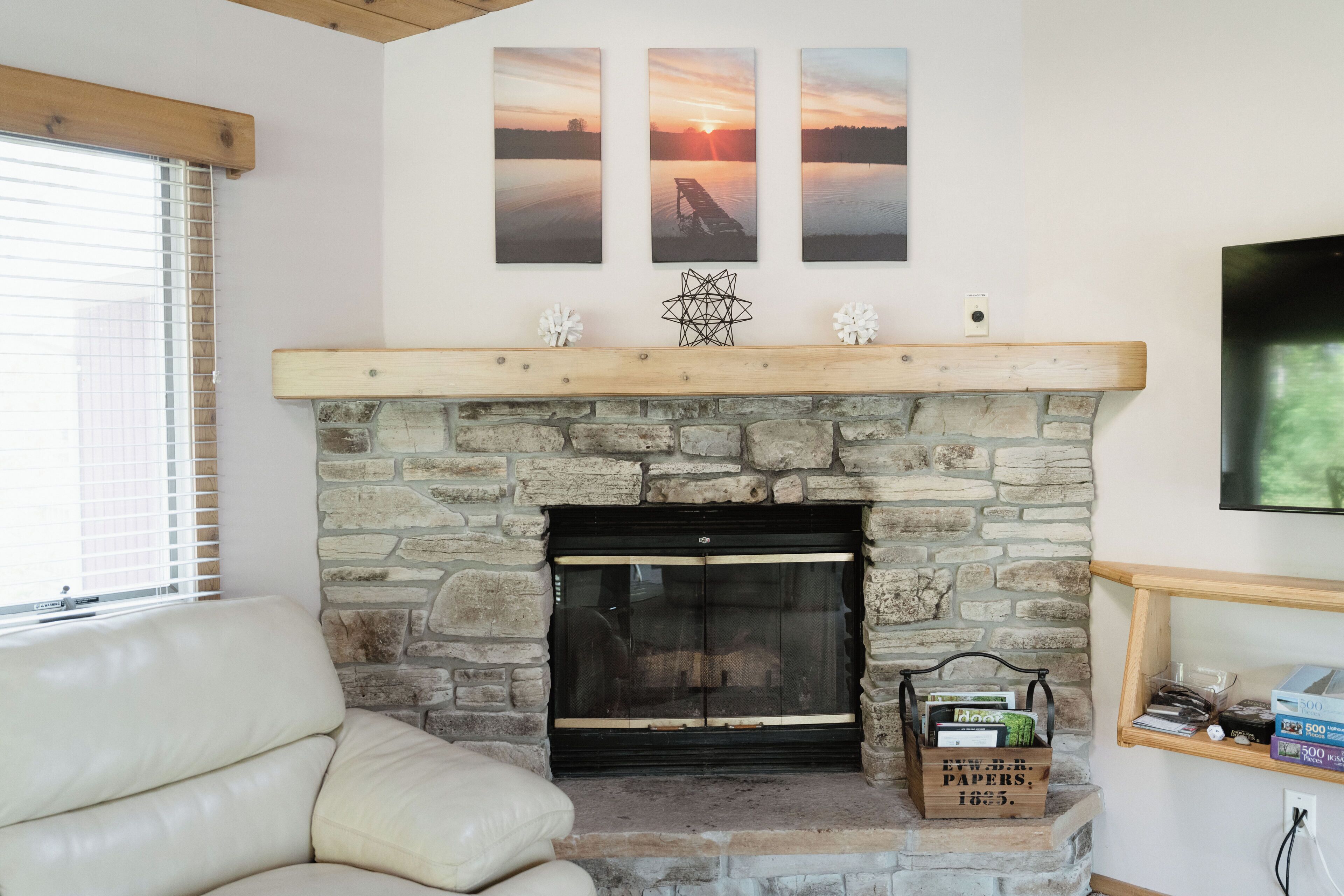 Smart TV, fireplace, books, stereo