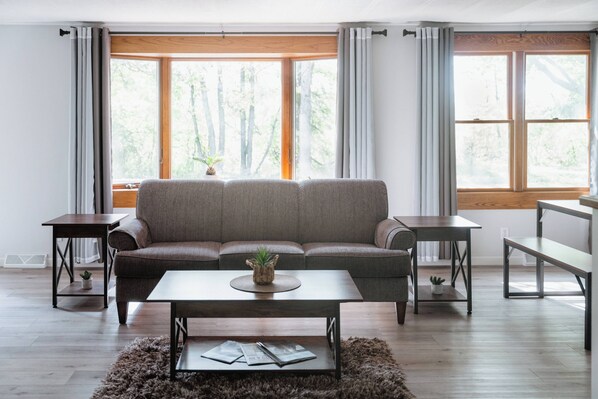 Smart TV, fireplace, books, stereo