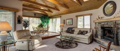 Smart TV, fireplace, books, stereo
