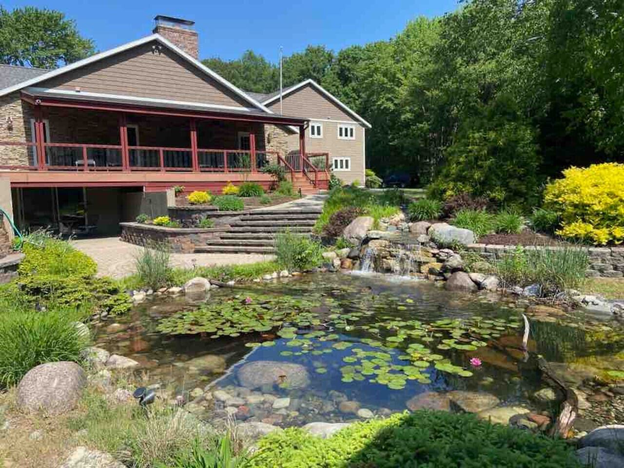 A house with a covered porch and a pond with lily pads.