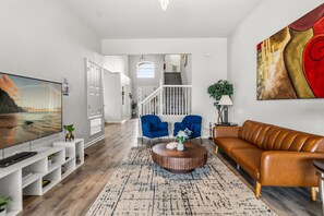 Smart TV, fireplace, foosball