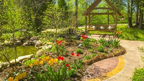 Een tuin met een houten pergola, een vijver en diverse bloemen.
