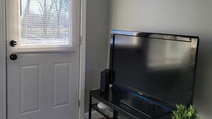 A room with a closed door, a window with blinds, a flat-screen TV on a black stand, and a small plant on the stand. - Newly remodeled 1 Bedroom apartment (Ypsilanti)