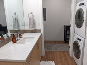Combined shower/tub, hair dryer, towels, soap - Space Needle and Mountain View. Top-Floor Condo (Seattle)