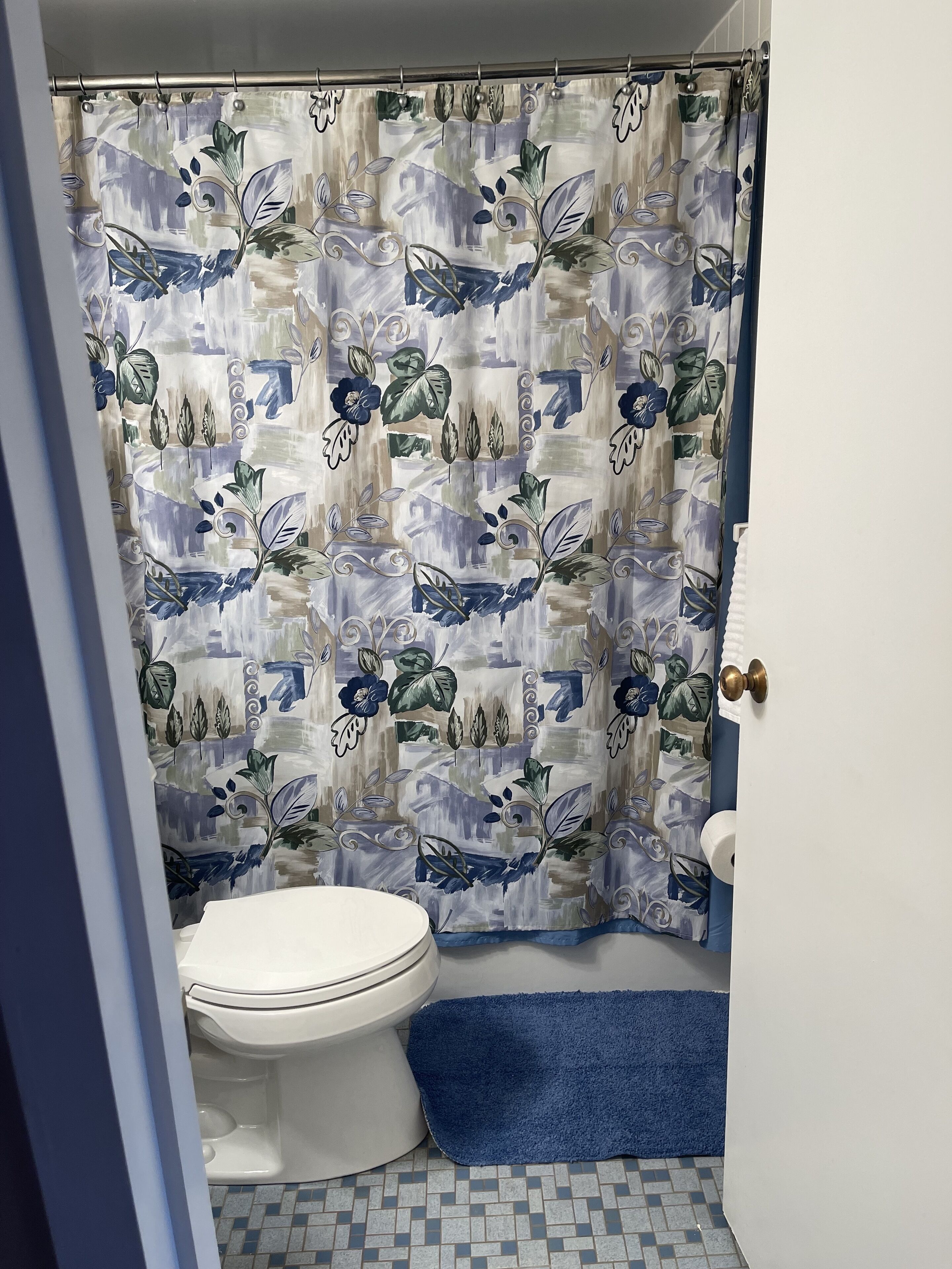 A bathroom with a toilet, a blue bath mat, and a shower curtain with a floral pattern.