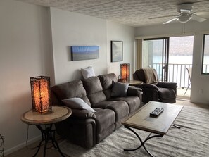 Smart TV, fireplace, DVD player, books