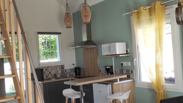 A kitchen with a wooden ladder, a microwave, and a sink. - Lovely, cosy little chalet close to a wood (Montardon)