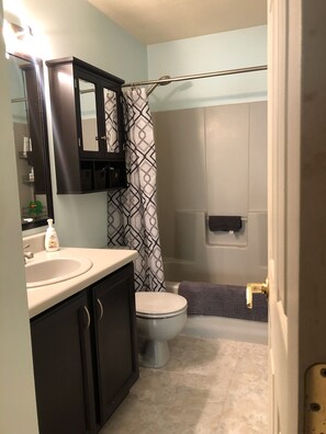 Une salle de bain avec un lavabo blanc, des meubles sombres, des toilettes et un rideau de douche.