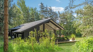Een chalet met schuin dak, omringd door een dicht bos.