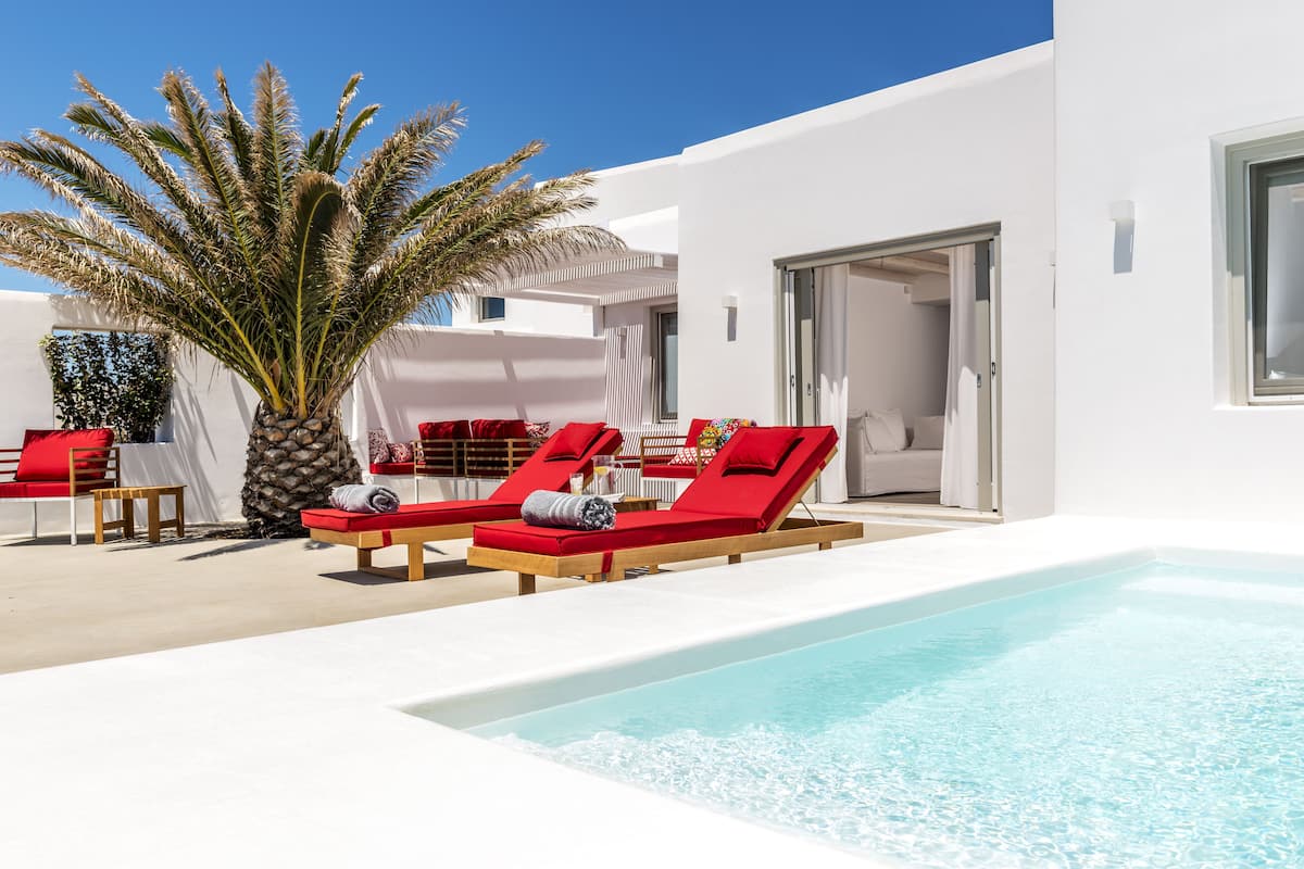 Un espace piscine moderne avec des chaises longues rouges et un palmier.
