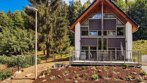 Uma casa moderna de dois andares, com telhado de madeira e janelas amplas, cercada por um jardim e árvores altas.