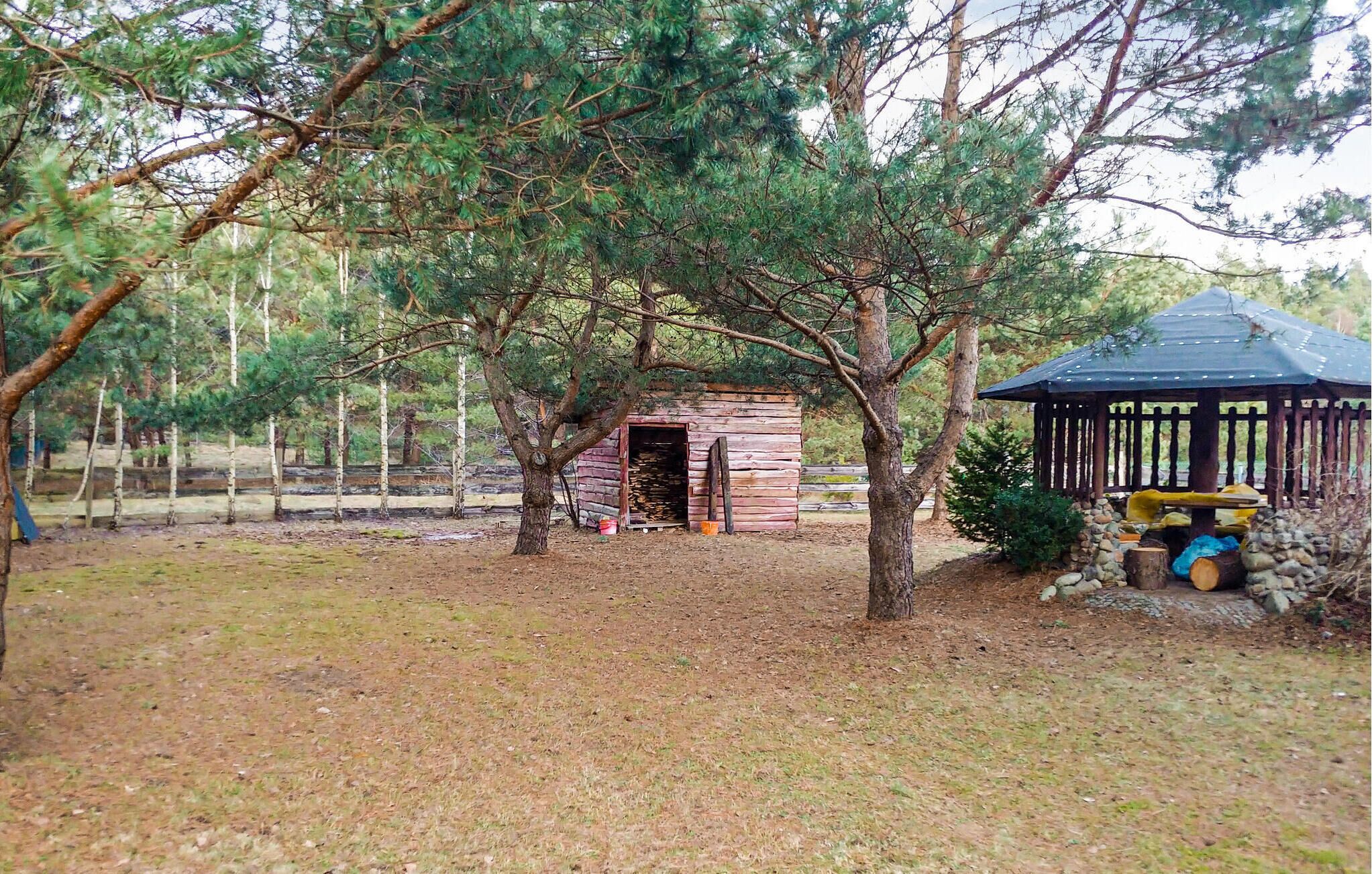 Een rustieke hut, omgeven door bomen, met een kleine schuur en een tuinpaviljoen.