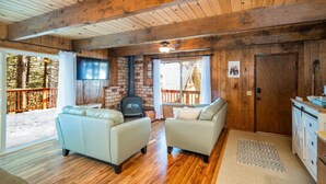 A cozy cabin interior with two sofas, a fireplace, wooden floors, and a large window overlooking a snowy deck. - SNOW, SNOW & MORE SNOW AND SUGAR BEAR IS PLOWED! 12 MIN TO DODGE, 5 MIN TO SLED (Cold Springs)