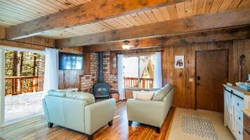 Televisio, takka, DVD-soitin, kirjoja