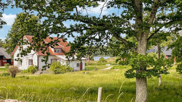 Een wit huis met een rood dak en een klein bijgebouw, omgeven door een grasveld en bomen.