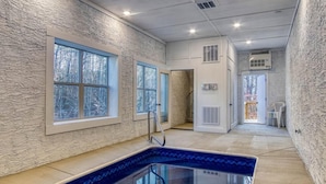 Una piscina con vista a árboles exteriores, una puerta que da a otra habitación y una ventana con vista a árboles.