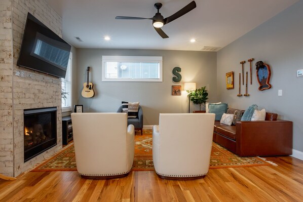 TV, fireplace - Southbound | Asheville Villa Just Minutes from Downtown with Hot Tub (Asheville)