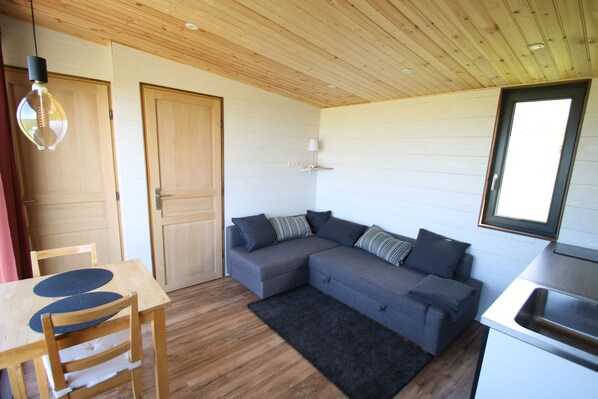 Ein kompakter Wohnbereich mit Holzboden, einem grauen Sofa mit Kissen, einem Holztisch mit zwei Stühlen und einer kleinen Küchenzeile.