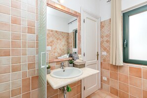 Shower, hair dryer, bidet, towels