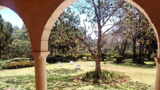 A courtyard with a tree, benches, and a pergola structure. - TIGONI GEM GARDENS (Limuru)