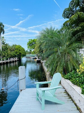 Relax on the riverside dock, surrounded by lush vegetation and a tranquil view of the river.