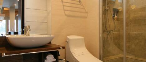 A modern bathroom with a large sink, toilet, and glass shower enclosure.