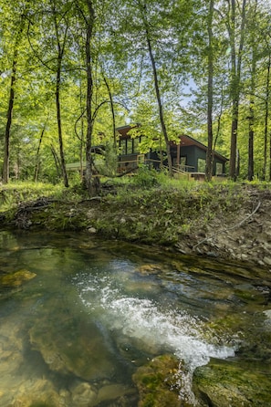 Una cabaña rodeada de un bosque denso y un arroyo cristalino.