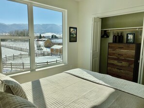 A bedroom with a large window, a bed, a dresser, and a door leading to a closet.