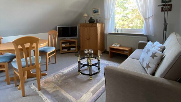 Een gezellige loft-achtige woonkamer met een eethoek, een bank, een televisie en een raam met gordijnen.