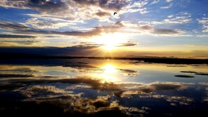 Ein Sonnenuntergang über ruhigem Gewässer, Wolken spiegeln sich auf der Oberfläche.