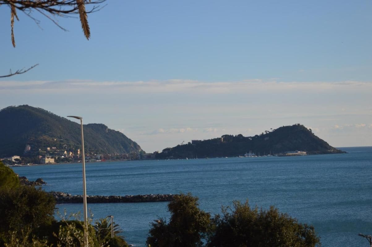 A coastal view with a clear sky, a small island, and a distant shoreline with buildings.