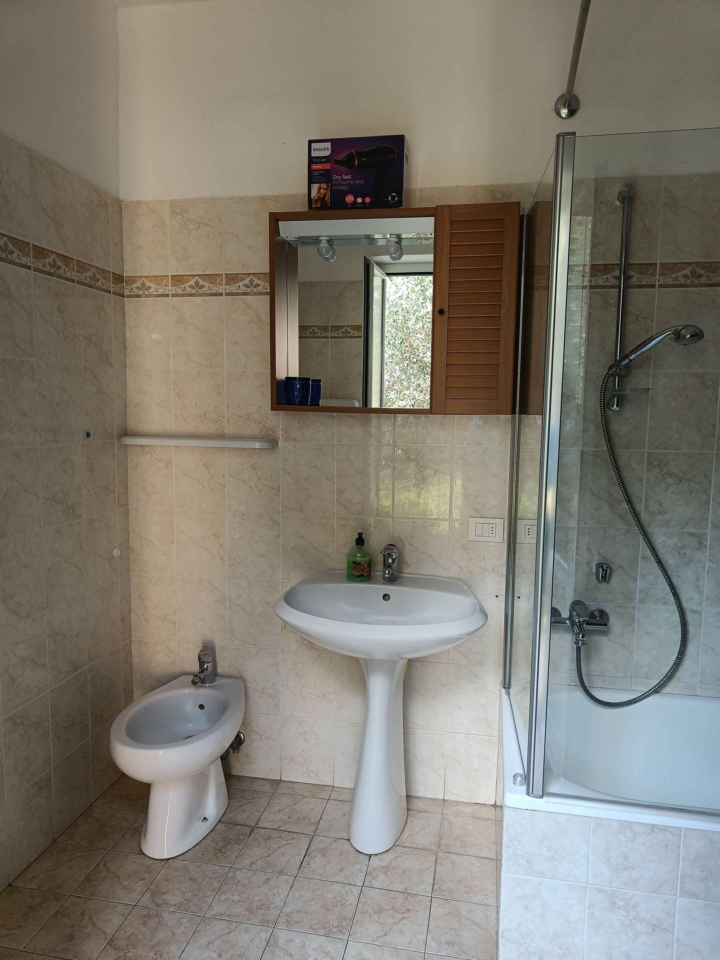 Ein Badezimmer mit einem Standwaschbecken, einem Bidet, einer Handbrause und einem Spiegel über dem Waschbecken.