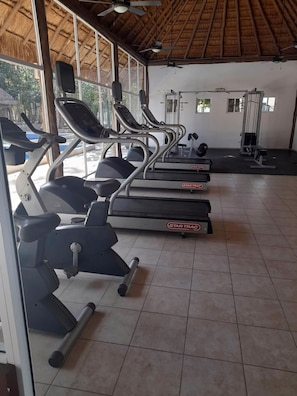 A gym with treadmills, weight machines, and a ceiling fan.