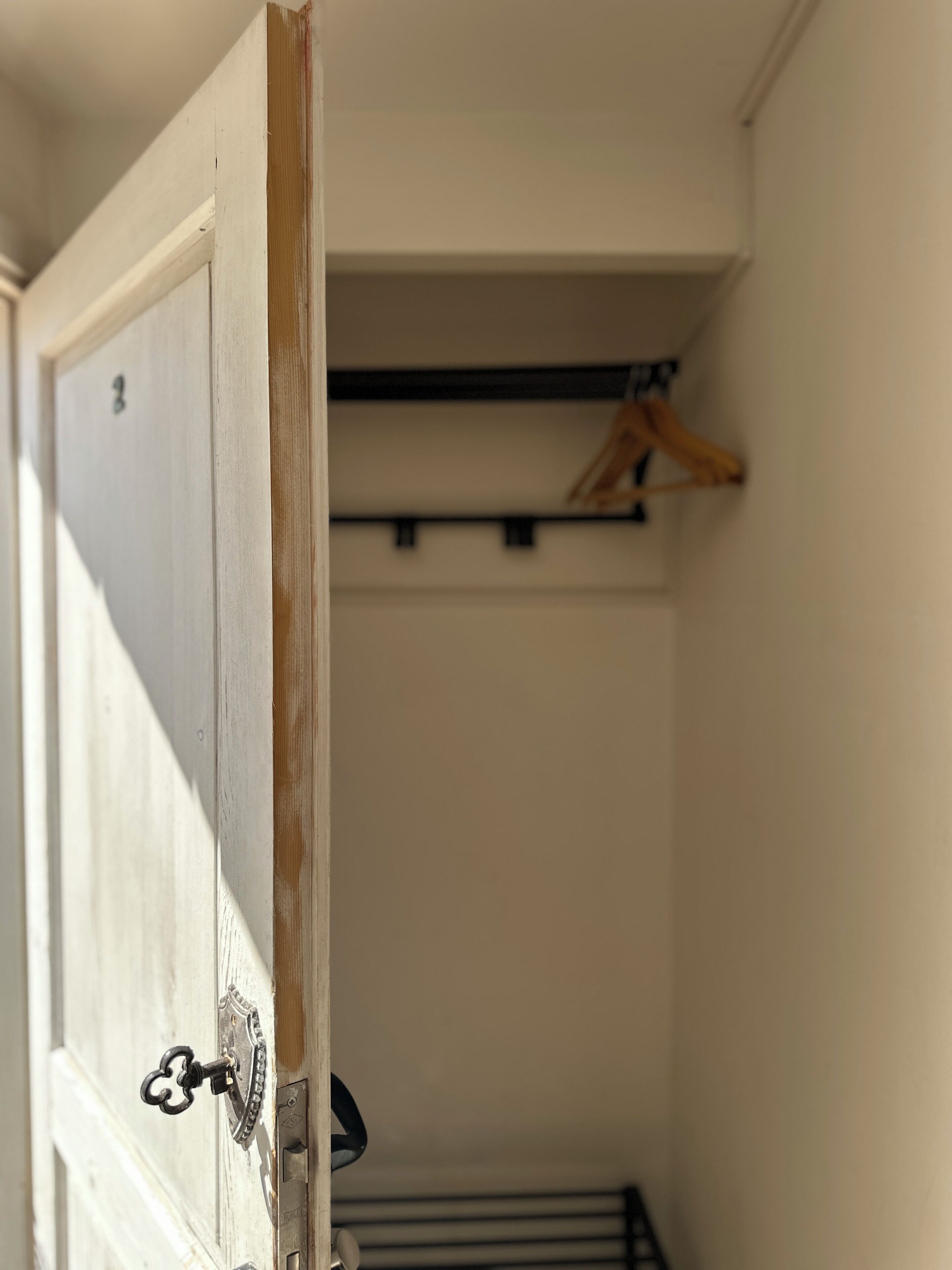 A partially open door with a metal handle, revealing a closet with a hanging rod and a small shelf.