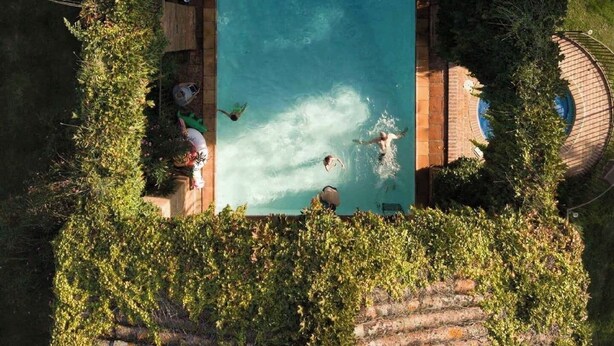 Vista aérea de una piscina rectangular rodeada de exuberante follaje y muros de ladrillo.