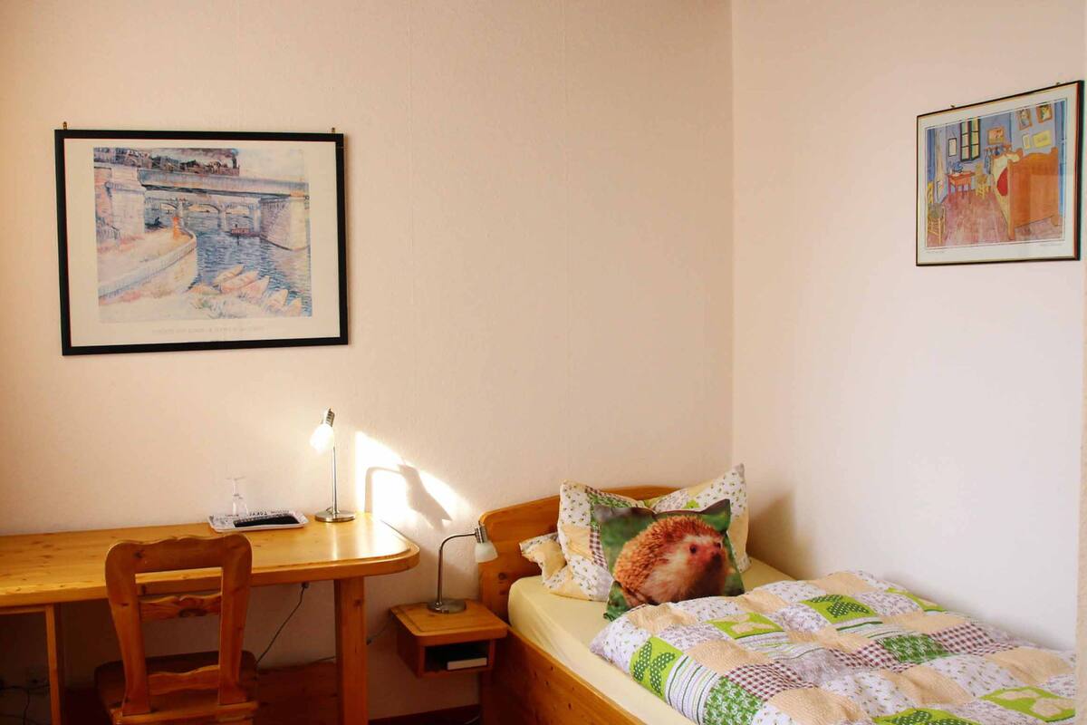 A bedroom with a wooden desk, a bed with a hedgehog pillow, and two framed artworks on the wall.