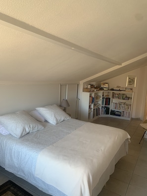 A bedroom with a large bed, a bedside table with a lamp, and a bookshelf filled with books.