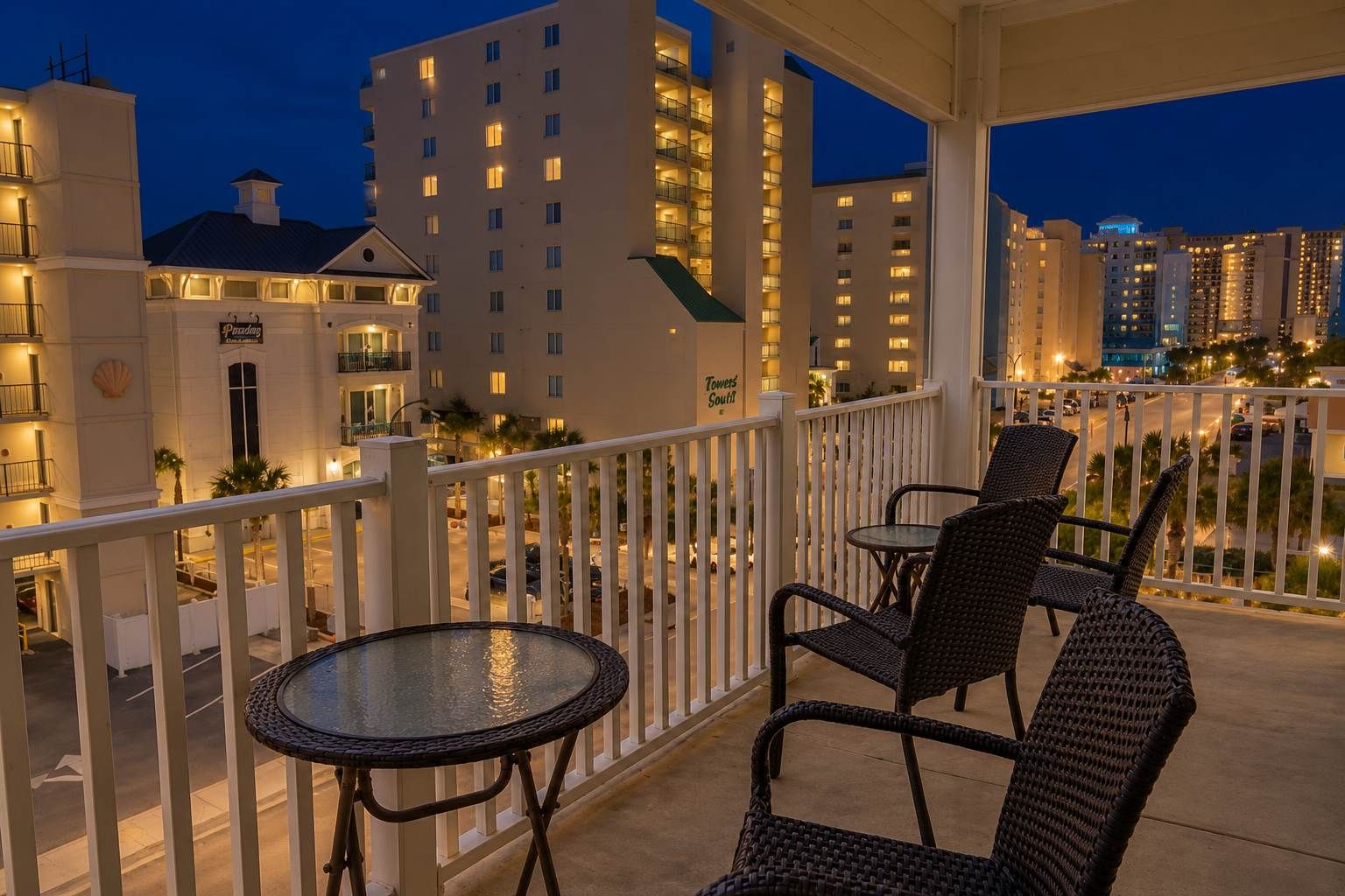 A balcony with wicker chairs and a glass table, overlooking a cityscape with illuminated buildings at dusk.