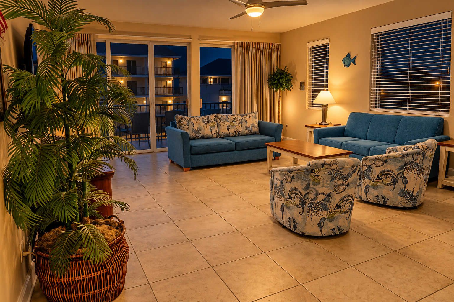 A living room with a sofa, armchairs, a coffee table, and a large potted plant.
